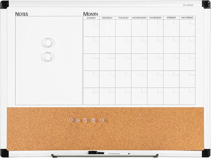 VUSIGN Monthly Calendar Whiteboard Dry Erase Cork Board Combo, 18" x 24" Planning Board, Silver Aluminium Frame