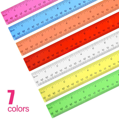 Clear Plastic Straight Ruler, 12 Inch, Bulk Assorted Colors, Shatterproof with Inches and Centimeters for School, Home, or Office (8 Pack)