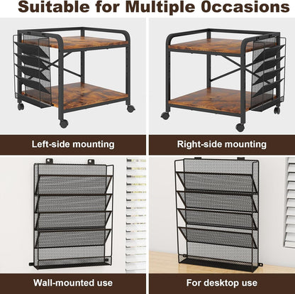 EasyCom 24"x20" Large Printer Stand with Hanging File Holder Organizer, Adjustable Height Shelf with Wheels, Under Desk Table with Storage for Printer Scanner Fax Home Office Use Rustic Brown