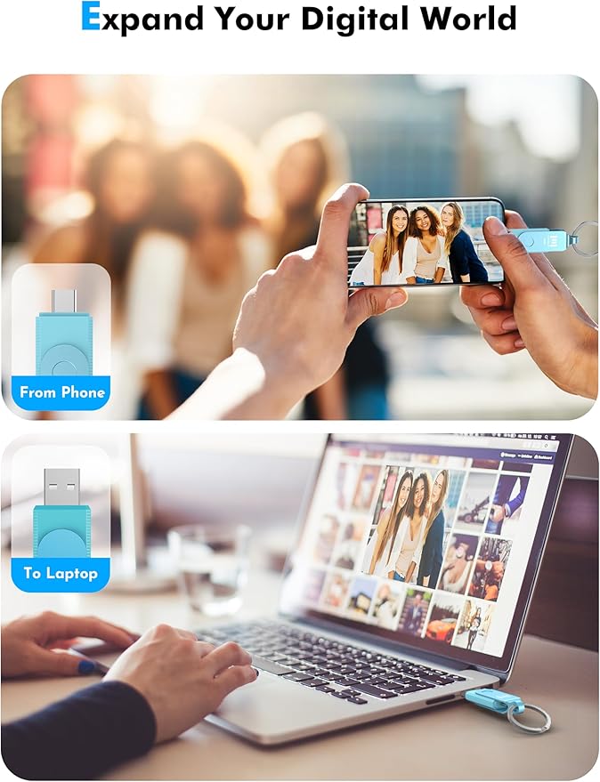 MOSDART 64GB USB3.1 Fast Speed C and A Dual Flash Drive, exFAT Memory Stick with Keychain and LED Indicator, for iPhone 15,16,17, Android Phone, iPad, MacBook, and Other Laptops, Sky Blue