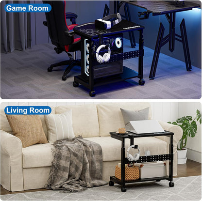 Height Adjustable Computer Tower Stand, 2-Tier ATX-Case CPU Holder with Mouse Pad & Headphone Stand, Mobile PC Standing Under Desk, Home Office Gaming Accessories, Computer Cart Wheels, Black