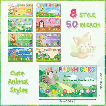 Fumete 400 Pcs Punch Cards for Classroom Reward Cards Behavior Incentive Loyalty Awards for Kids Students Teachers School Business, 8 Styles, 3.5 x 2 in(10 Cute Animal Punches Style)