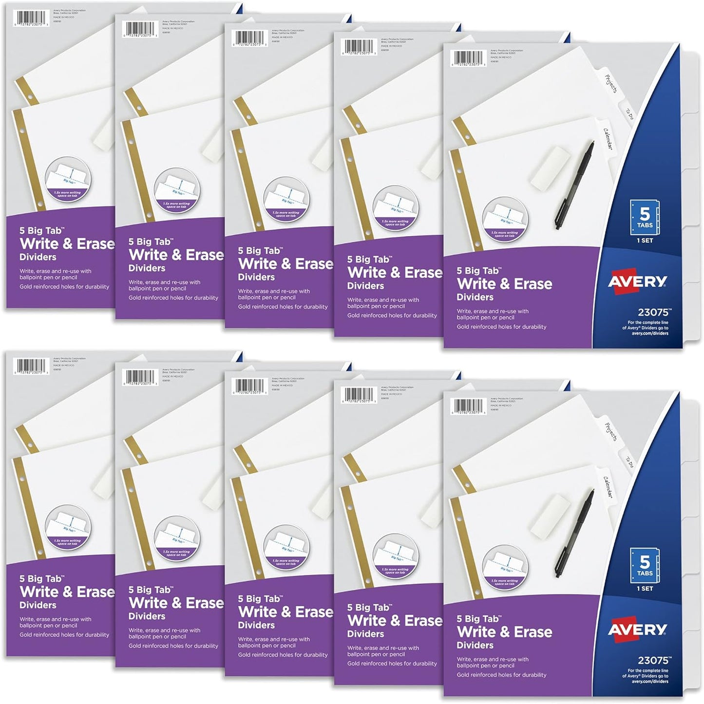 Avery Write & Erase Big Tab Paper Dividers for 3 Ring Binder, White, 5 Tab Set, 10 Packs, 10 Sets Total (23075)