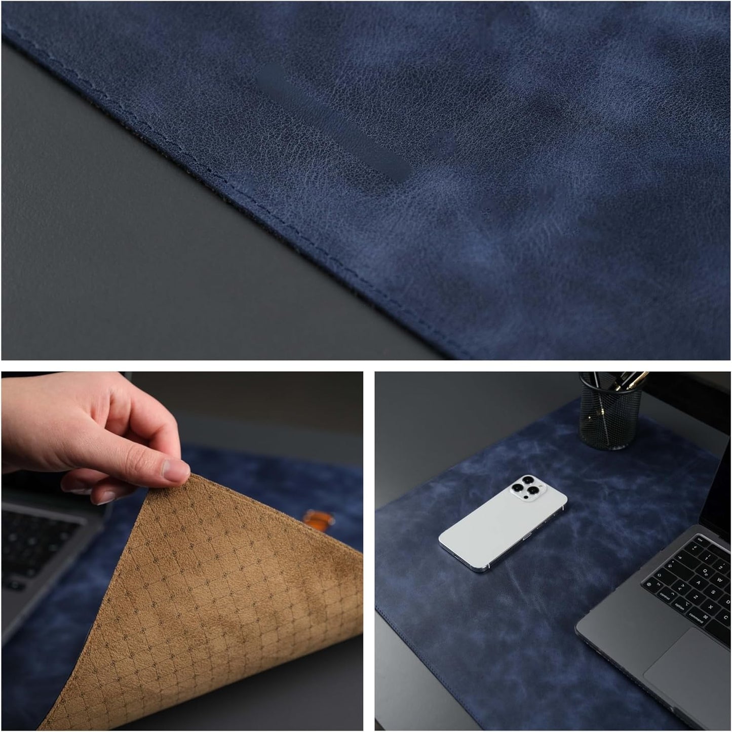 Jersey Genuine Calfskin Leather Desk Pad, Office Desk Mat with Non-Slip Bottom, Smooth Surface for Mouse & Keyboard, Desk Protector (36x19 inches) (Navy)