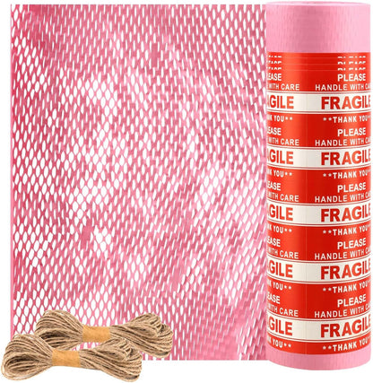 JAPCHET 15 In x 328 Ft Pink Honeycomb Packing Paper, Honeycomb Paper with Sticker Labels and 10 m Rope Honeycomb Wrap Roll for Packaging and Shipping