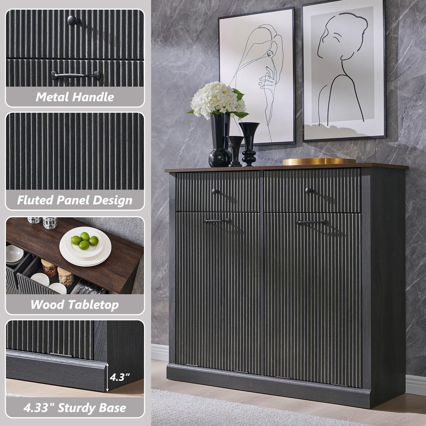 Modern Double Tilt-Out Trash Cabinet, 20 Gallon Fluted Laundry Hamper Cabinet with 2 Drawers, Wooden Hidden Garbage Can Cabinet with Storage Basket, Free Standing for Kitchen & Living Room, Grey