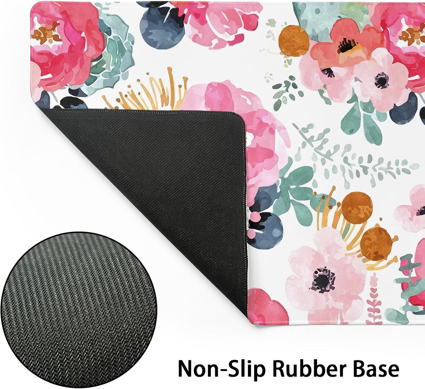 Pink Green Flowers Gaming Mouse Pad XXL Cute Watercolor Floral Pretty Extended Desk Pad Trendy Pastel Large Mousepad Non-Slip Rubber Base Stitched Edge Long Table Mat for Desktop, 35.4 x 15.7 inch