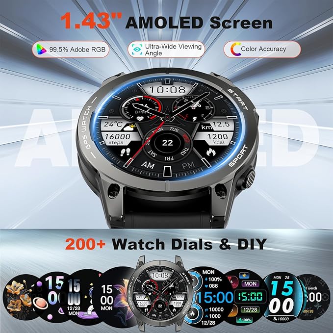 Smart Watch for Men GPS Fitness: 1.43" AMOLED Military Make Answer Call Running Digital Mens Watches Waterproof Smartwatch Android Phone iPhone Samsung Compatible Step Tracker SpO2 Heart Rate Monitor