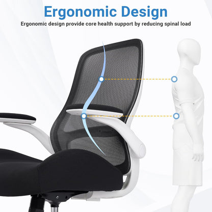 HYLONE Heavy Duty Office Chair, 5" Thickened Seat Ergonomic Desk Chair with Adjustable Armrests, Home Office Computer Chairs for Long Hours Mesh Executive Chair(White Base & Black)