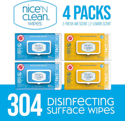 Nice 'N Clean Disinfecting Surface Wipes 304ct | Cleans & Disinfects Home & Kitchen Surfaces | Fresh & Lemon Scent