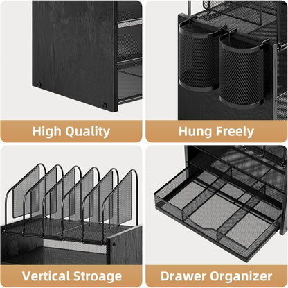 Marbrasse Desk organizer with Drawer, 4-Tier Wooden File Organizer with 5 Vertical File Holders and 2 Pen Holders, Desk Organizers and Accessories for Home Office - Black
