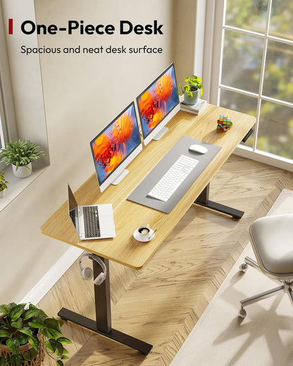 SANODESK Electric Standing Desk 60 x 24 Inches Whole-Piece Desktop Height Adjustable Stand Up Desk w/6-Button Controller Ergonomic Computer Desk for Home Office, Black Frame + Natural Tabletop