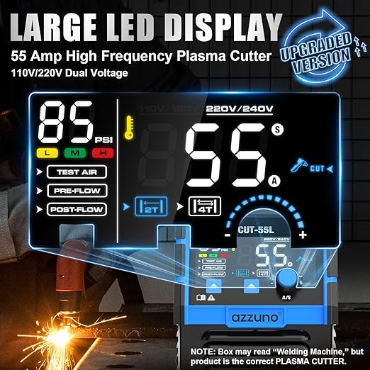 AZZUNO Plasma Cutter 55Amps, Non-Touch Pilot Arc, 110/220V Dual Voltage Large LED Display Plasma Cutting Machine, IGBT Inverter Air Sensor Technology, Max Cut 3/4" Plate/Mesh Cutting
