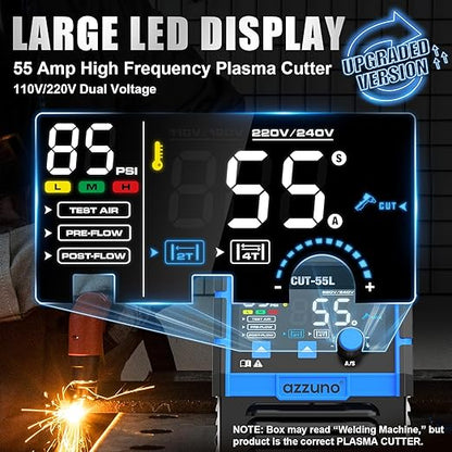 AZZUNO Plasma Cutter 55Amps, Non-Touch Pilot Arc, 110/220V Dual Voltage Large LED Display Plasma Cutting Machine, IGBT Inverter Air Sensor Technology, Max Cut 3/4" Plate/Mesh Cutting