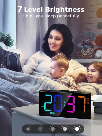 PPLEE RGB Digital Alarm Clock for Bedrooms with Day Display, Loud Dual Alarms for Heavy Sleepers, Plug-in Bedside Clock with USB Charging, Dimmable Large LED Display, Snooze for Kids Teens Boys Girls