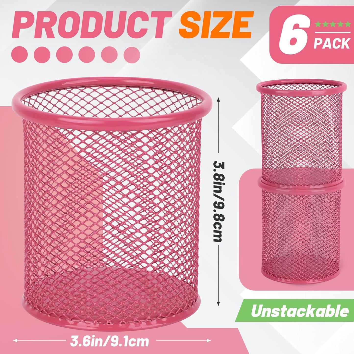Segarty Pen Cup, 6 Pack Cute Dark Pink Pen Holder, Round Mesh Pencil Holder for Desk, Desktop Accessories Organizer for Office Supply, School, Home Storage, Makeup Brush Organization