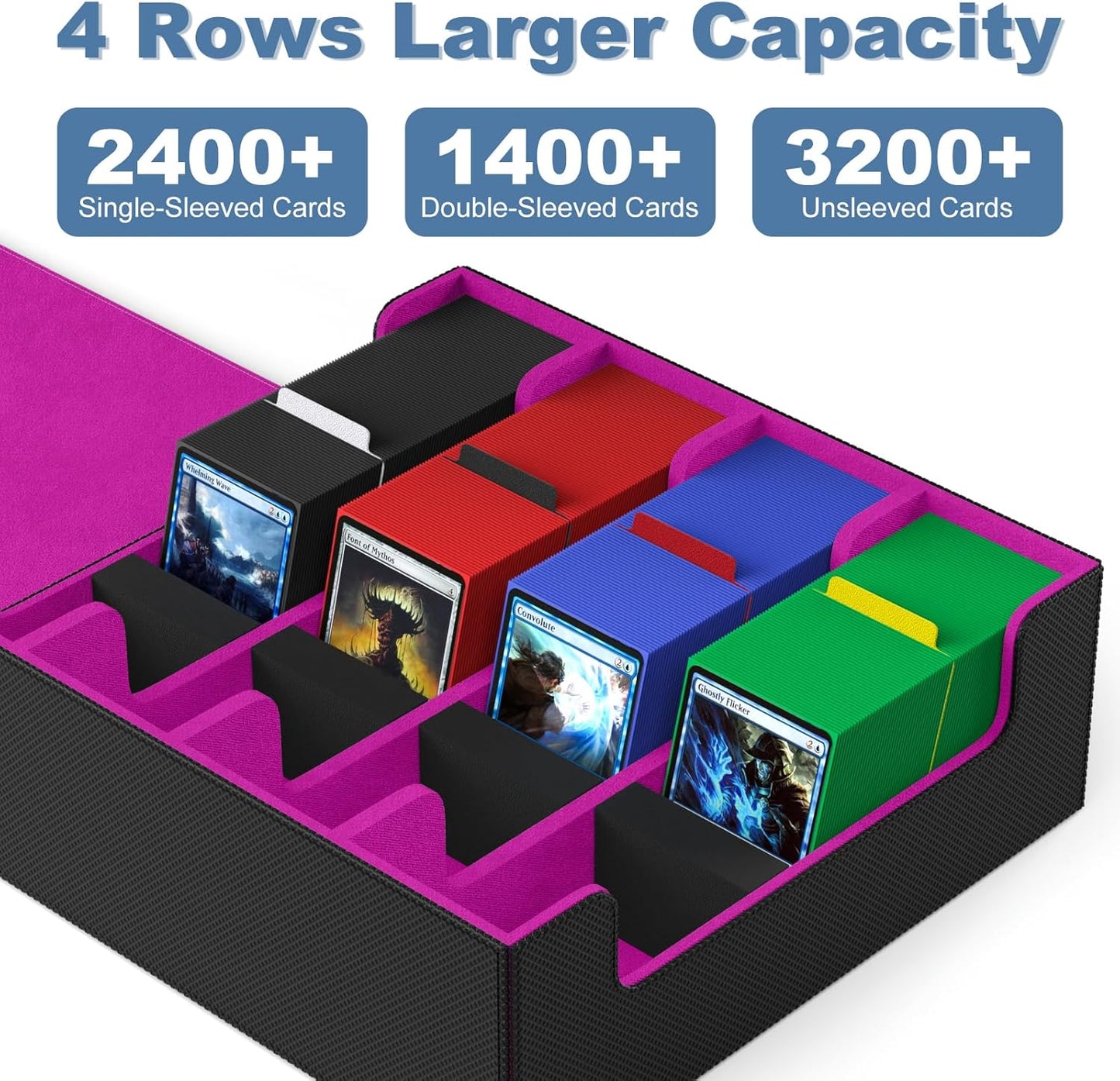 Mlikero Card Deck Case, 2400+ Trading Card Storage Box with 10 Colorful Dividers and 4 Foam Stoppers, Leather Magnetic Closure Commander Deck Box Fit for MTG, TCG (4 Rows, Black&Purple)