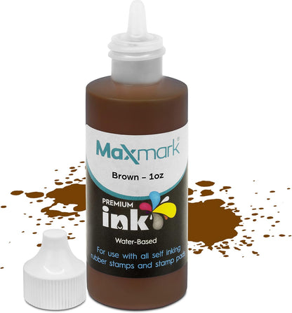 MaxMark Premium Refill Ink for self Inking Stamps and Stamp Pads, Brown Color - 1 oz.
