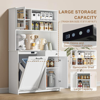 OLD CAPTAIN Tilt Out Trash Cabinet with Deodorising Function, Kitchen Hutch with Microwave Shelf and Drawer, Kitchen Pantry with Trash Cabinet for 10 Gallons, White