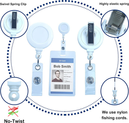 Badge Reels Retractable Badge Holder with Clip, Id Clips for Badges, Id Badge Reel, Retractable Id Badge Clip with Clear Vinyl Strap & Alligator Swivel, No Twist Dispenser (White)