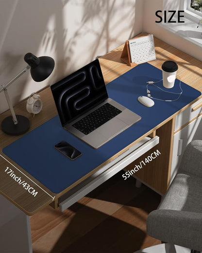 Extra Large Desk Pad Mat - Waterproof Mouse Pad & Desk Protector, Non-Slip XXL PU Leather Gaming Mat for Keyboard/Mouse, Stitched Edge with Ergonomic Support, 55"x17" (Blue)