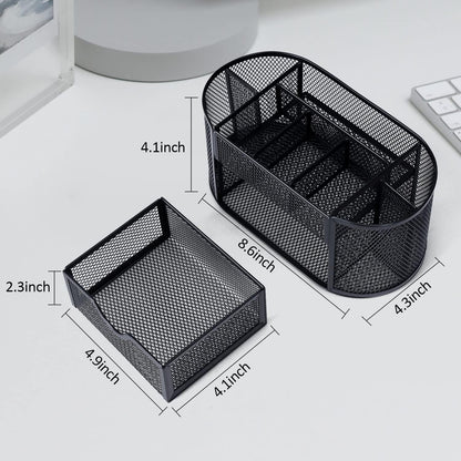 Black Mesh Pen Holder Desk Organizer Cute Office Supplies Pencil and Marker Organizers Oval Desk Caddy with 8 Compartments and 1 Drawer Workspace Accessories for Office School Home