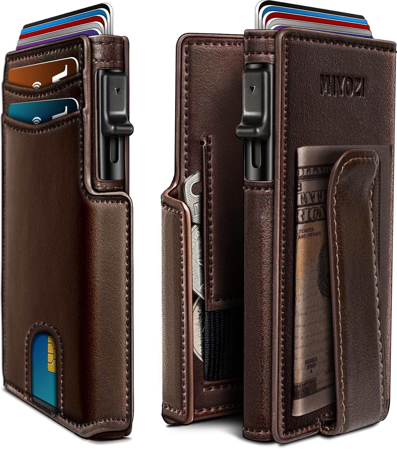 Wallet for Men with Money Clip Coins Pocket ID Window Gift Boxed,Slim Smart Front Pocket RFID Blocking Wallet Pop-up Card Holder in Magnetic Leather Flip 3.9"x 2.7"