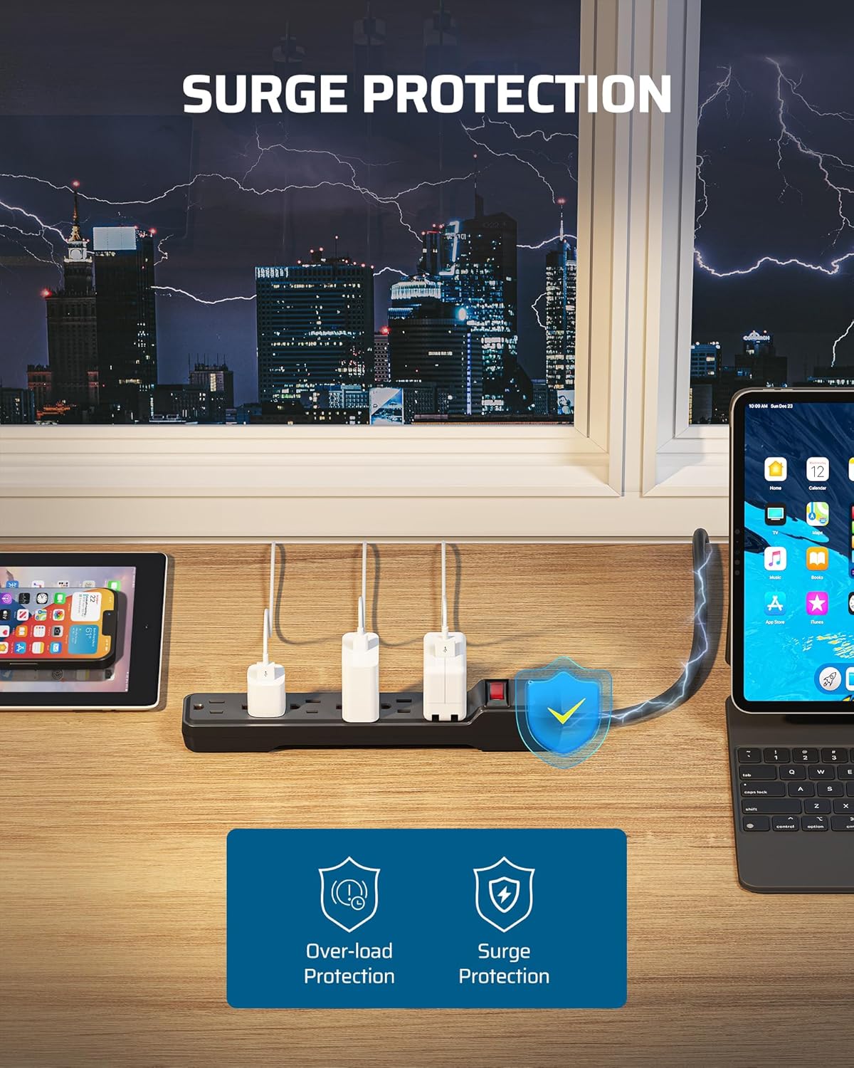 DEWENWILS 15 Foot Long Power Strip, 6-Outlet Power Strip 15FT, 15 Amp Circuit Breaker, Low Profile Flat Plug, Surge Protector for Office, Living Room, Bedroom, 4 Pack, Wall Mount, Black