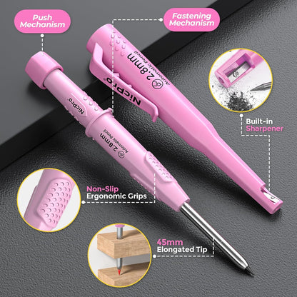 Nicpro CP3000 Carpenter Pencil with Sharpener, Construction Mechanical Pencils with 19 Refills, Heavy Duty Construction Pencil, Pink Woodworking Tools For Women, Great for Marking On Wood, Metal