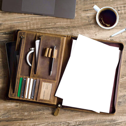 Ringsun Genuine Leather Portfolio with Zipper for Men Women, Padfolio Business Resume A4/Pad, Folder Organizer, Brown, RS01