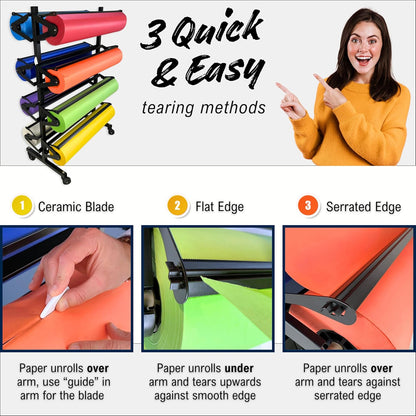 Paper Roll Holder, Dispenser Rack and Cutter - 8 Racks for Large, 36" Butcher, Craft, Gift Wrap & Art Kraft Rolls – Durable, Mobile Rolling Organizer with Ceramic Blade for Classroom, Studio & Retail
