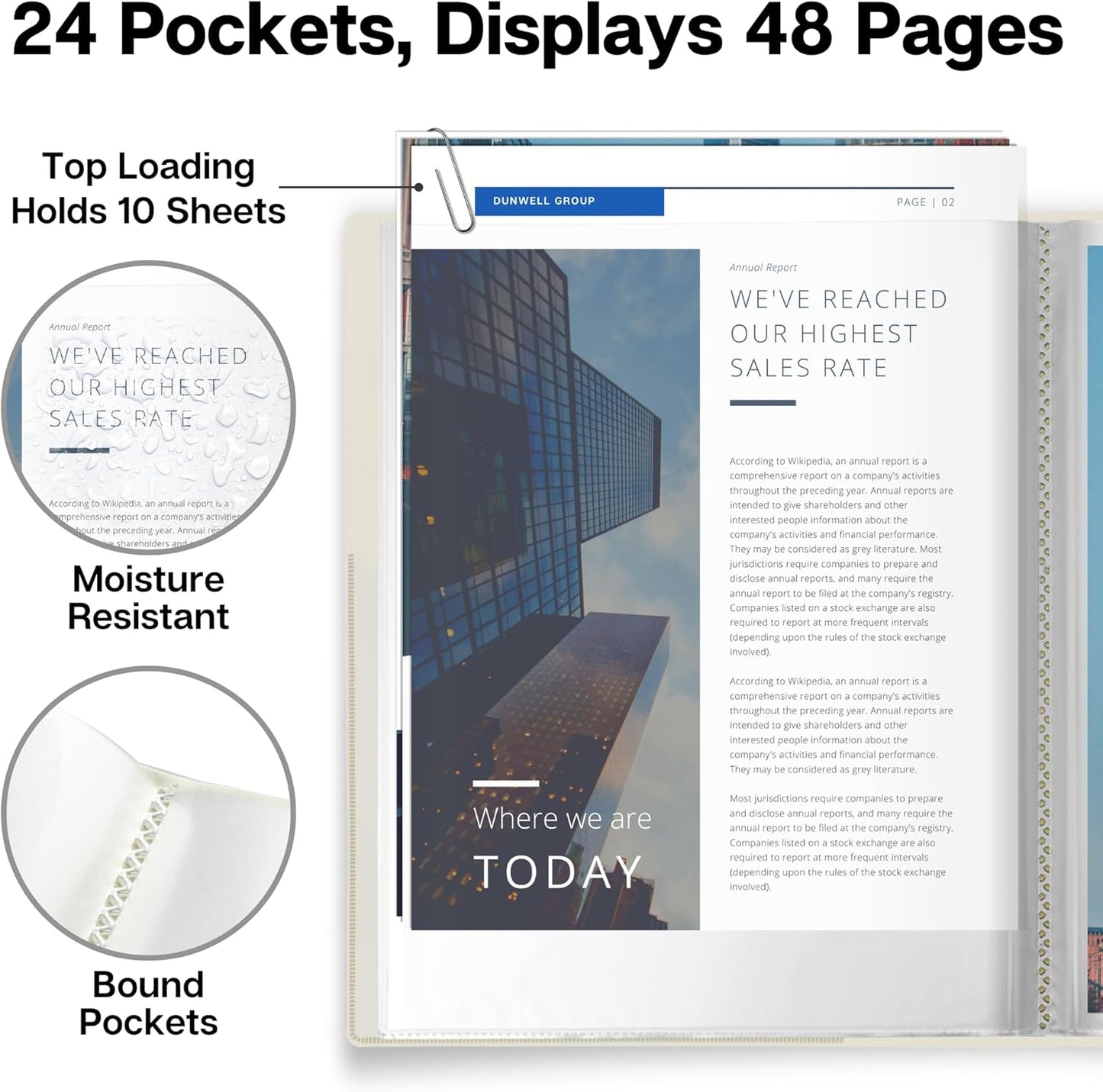 Dunwell Presentation Binder 24-Pocket, Displays 48 Pages, 8.5x11 Portfolio Binder with Plastic Sleeves, Storage and Organizer for Documents, Certificates, Projects, Photos (3 Pack, Ivory)