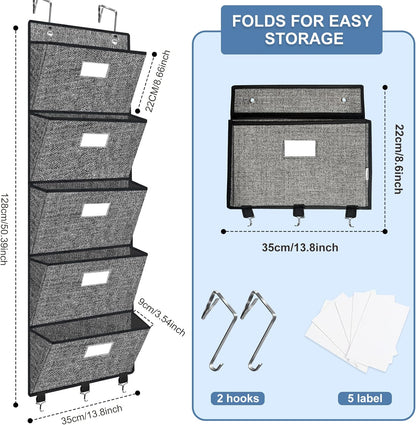 Homyfort Over the Door File Organizer, Hanging Wall File Folders with 5 Large Pockets for Papers, Charts, Mails, Magazine, Office and Back To Supplies Storage and Organization (Black)