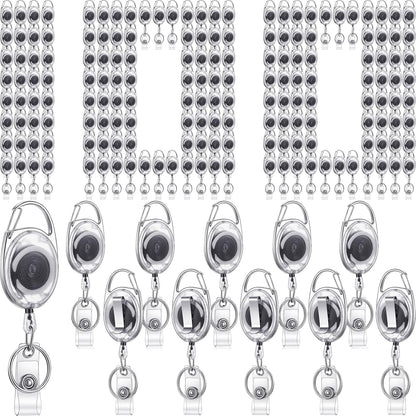 100 Pack Retractable Badge Reels Bulk Heavy Duty Badge Reel Holders with Carabiner Belt Clip and Keychain for Lanyard Card Nurse School Office Employee (Clear White)