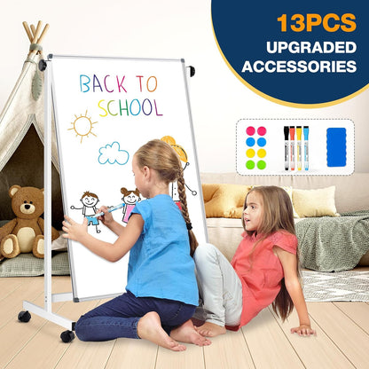[15 Sq/ft] Large Double-Sided Rolling Whiteboard, 28"x40" Reversible Dry Erase Board with Stand, Magnetic White Board on Wheels, Standing Mobile Whiteboard, School Supplies, Classroom, Office, Home