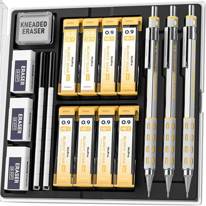 Nicpro Blocky Gear 0.9 mm Mechanical Pencils Set in Case, 3 Pack Metal Pencil 8 Tube with Lead Refills 0.9mm (HB 2B), 3 Erasers for Professional & Adult Art Writing Drafting Drawing