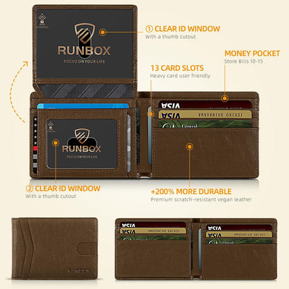 RUNBOX Wallet for Men Slim Rfid Leather 2 ID Window With Gift Box