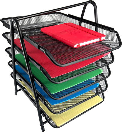 Huron Desktop Horizontal File Binder Organizer Storage Letter Tray, 5 Slot, Black Steel Mesh
