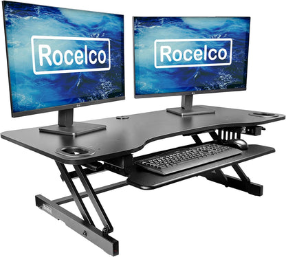 Rocelco 45" Height Adjustable Standing Desk Converter - Slide Out Retractable Keyboard Tray - Sit Stand Up Triple Monitor Riser - Dual Piston Lift Tabletop Computer Workstation - Black (R ADRB-45)
