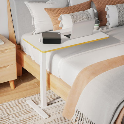 SANODESK Mobile Standing Desk with Hidden Wheels,Pneumatic Laptop Desk Rolling Computer Cart Movable Height Adjustable Small Sit Stand Desk for Home Office(31.5" W x 17.7" D, White+Maple Band)