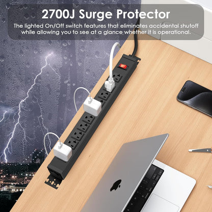 JUNNUJ Multi Angle Mount 10 Outlet 20 Amp Power Strip Heavy Duty, 2700J Surge Protector Under Desk with Switch 20A, Garage Workbench Gaming Outlet Table Wall Mountable, 6FT 12AWG Extension Cord