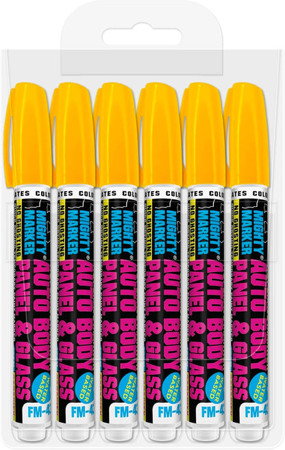 FM-43 Auto Body and Glass Paint Marker, No-Ghost, Highly Water-Resistant, 2.3mm Bullet Tip, Valve Action, 6 Bonus Reversible Tips, Made in USA - Yellow 6 Pack
