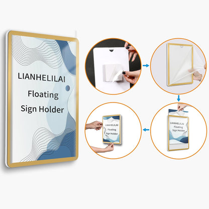 8.5x11 Wall Sign Holder Floating 3 Pack, Self-Adhesive Display Frame for Document/Poster/Paper Office/Store/Wall Mounted for Door/Window Display Holder with Horizontal and Vertical (Gold)