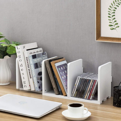 MyGift White Wood Desktop Bookshelf Organizer, Expandable Adjustable Display Shelf Book Rack