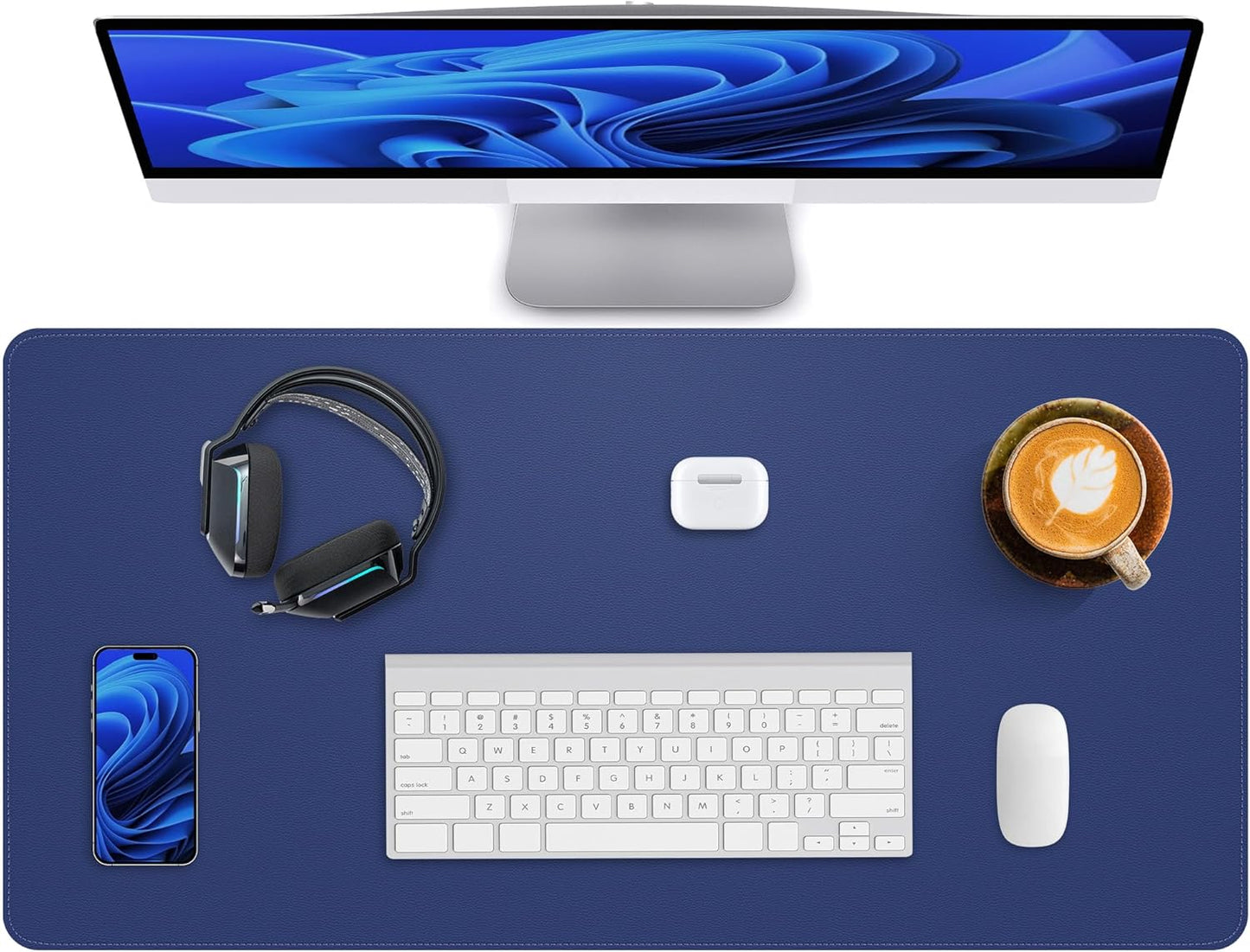 Desk Pad Mat 23.6"x13.7" - Waterproof Mouse Pad & Desk Protector, Non-Slip PU Leather for Gaming Keyboard/Mouse, Stitched Edge XL Office Desk Pad with Ergonomic Support(Blue)