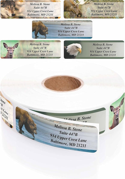 Nature's Wildlife Assorted Designer Rolled Address Labels with Elegant Plastic Dispenser