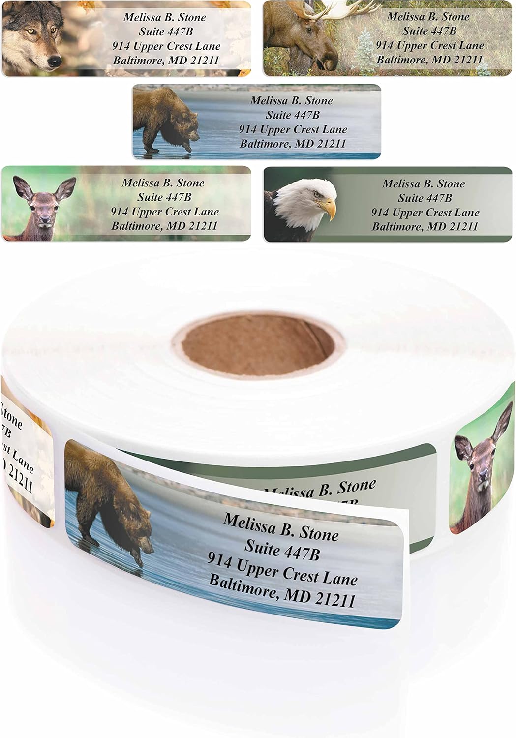 Nature's Wildlife Assorted Designer Rolled Address Labels with Elegant Plastic Dispenser