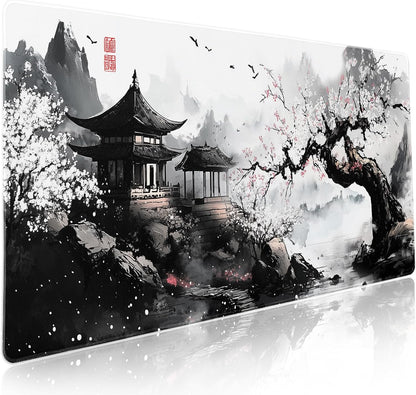Black Whtie Japanese Gaming Mouse Pad XXL Anime Sakura Cherry Blossom Tree Extended Large Mat Mousepad Desk Pad Non-Slip Rubber Base Stitched Edge Keyboard Pad Playmat for Computer,35.4×15.7 Inch