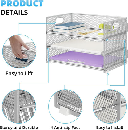 Marbrasse 3 Tier Paper Organizer Letter Tray, Mesh File Organizer with Handle, Paper Sorter Desk Organizer for Home Office Supplies - Silver