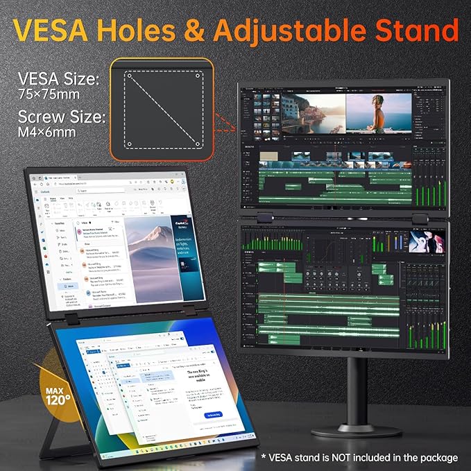 VisionOwl Portable Monitor Dual 15.6 Inch 1080P FHD 107% sRGB Foldable Second Screen, USB-C HDMI HDR Stacked Travel Monitor for Laptop MacBook PC PS5 Xbox, VESA Mountable, with Adjustable Kickstand